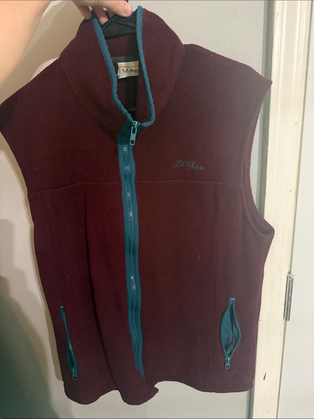 L.L. Bean Women's Burgundy Fleece Vest with Teal Trim